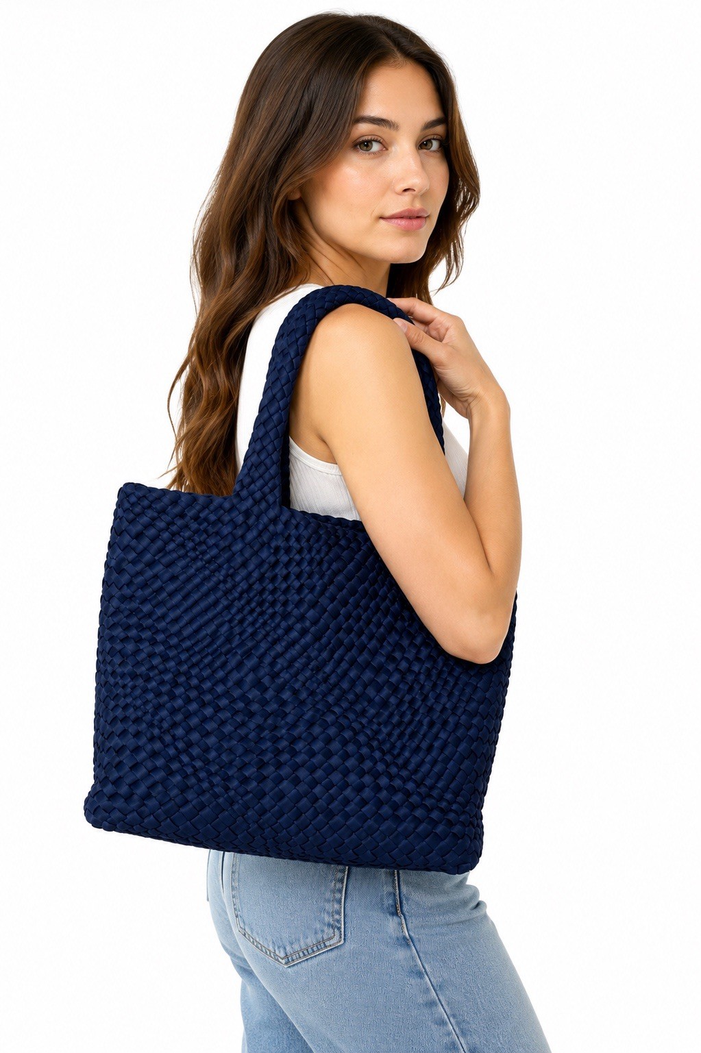 Navy Blue Woven Tote Bag Ribbon Braided Top Handle Everyday Shoulder Bag