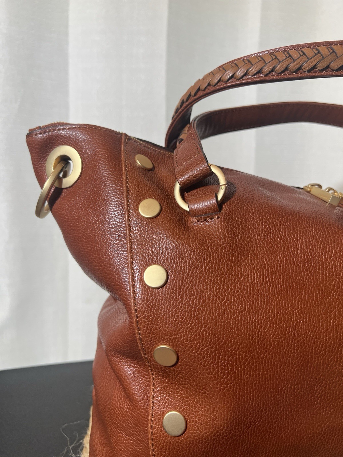 Hammitt Large Brown Pebbled Studded Braided Handle Zip Shoulder Bag w/ Strap