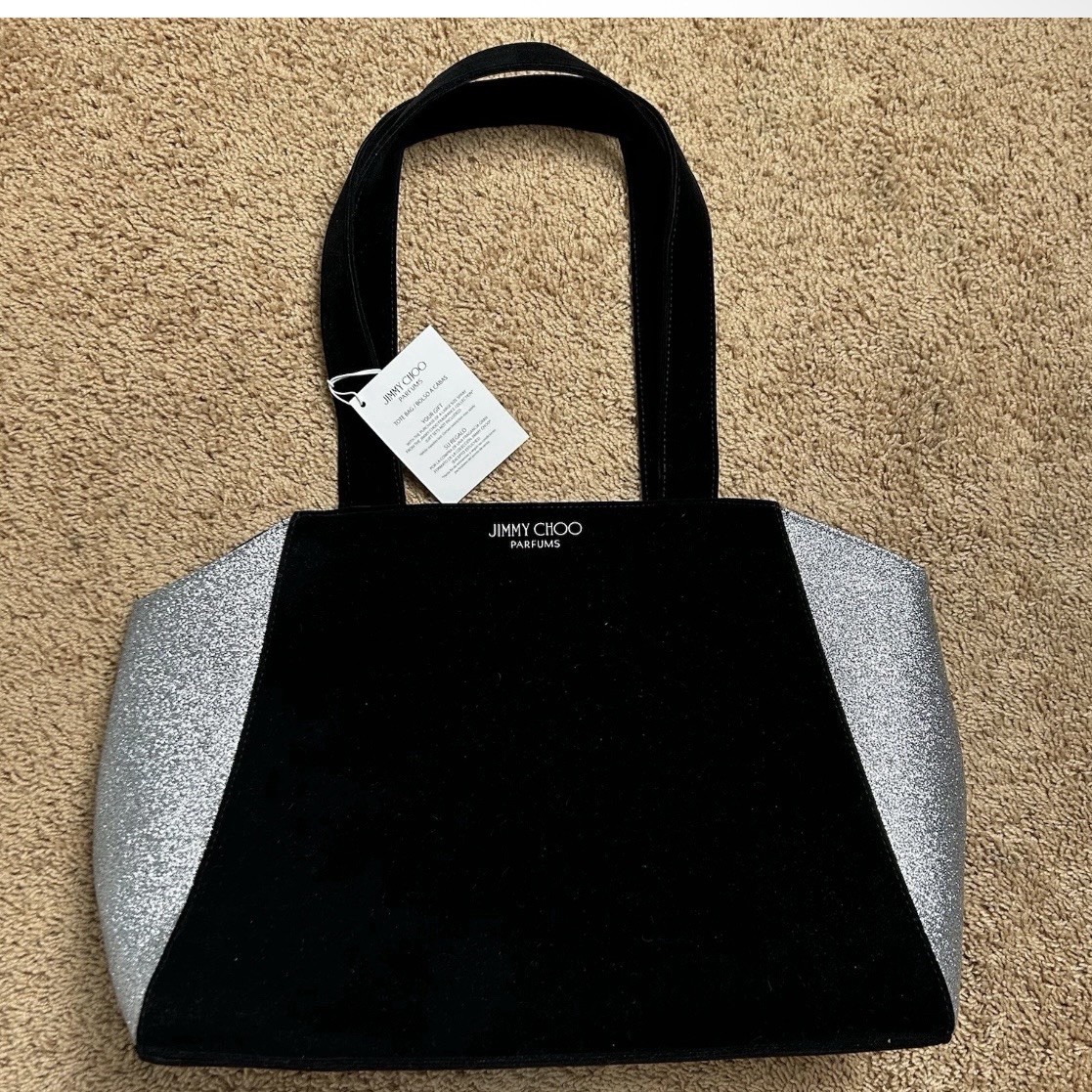 Jimmy Choo Tote Bag Black Velvet Silver Glitter 15x5x12” Glamorous *READ* NWT
