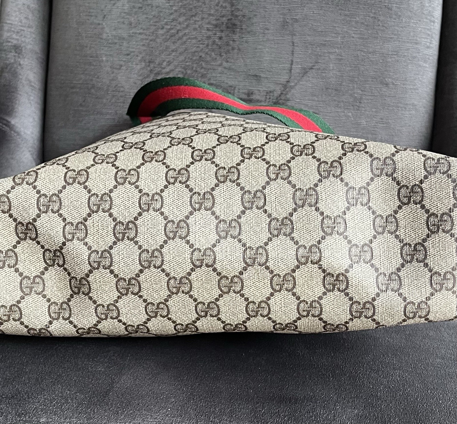 Vintage Gucci GG Monogram Canvas Tote Bag Web Stripe Leather Italy