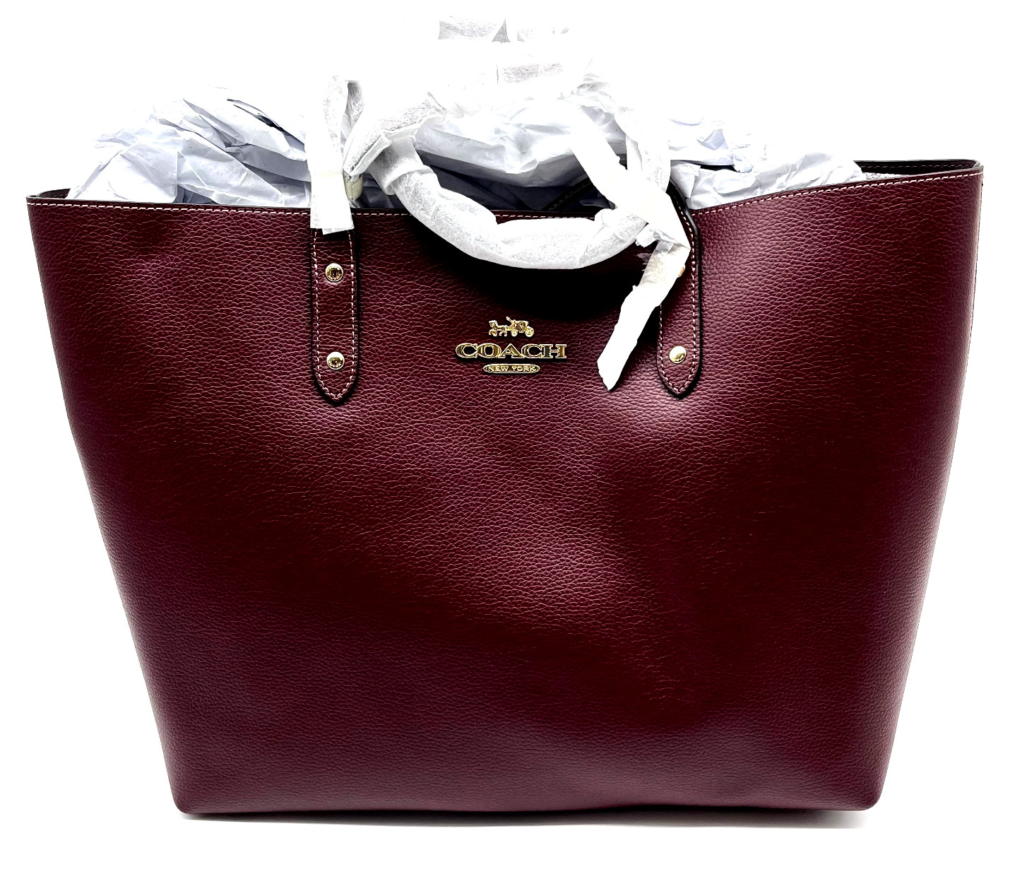Coach Town Tote Bag Wine Red Leather Gold Tone Hardware Womens