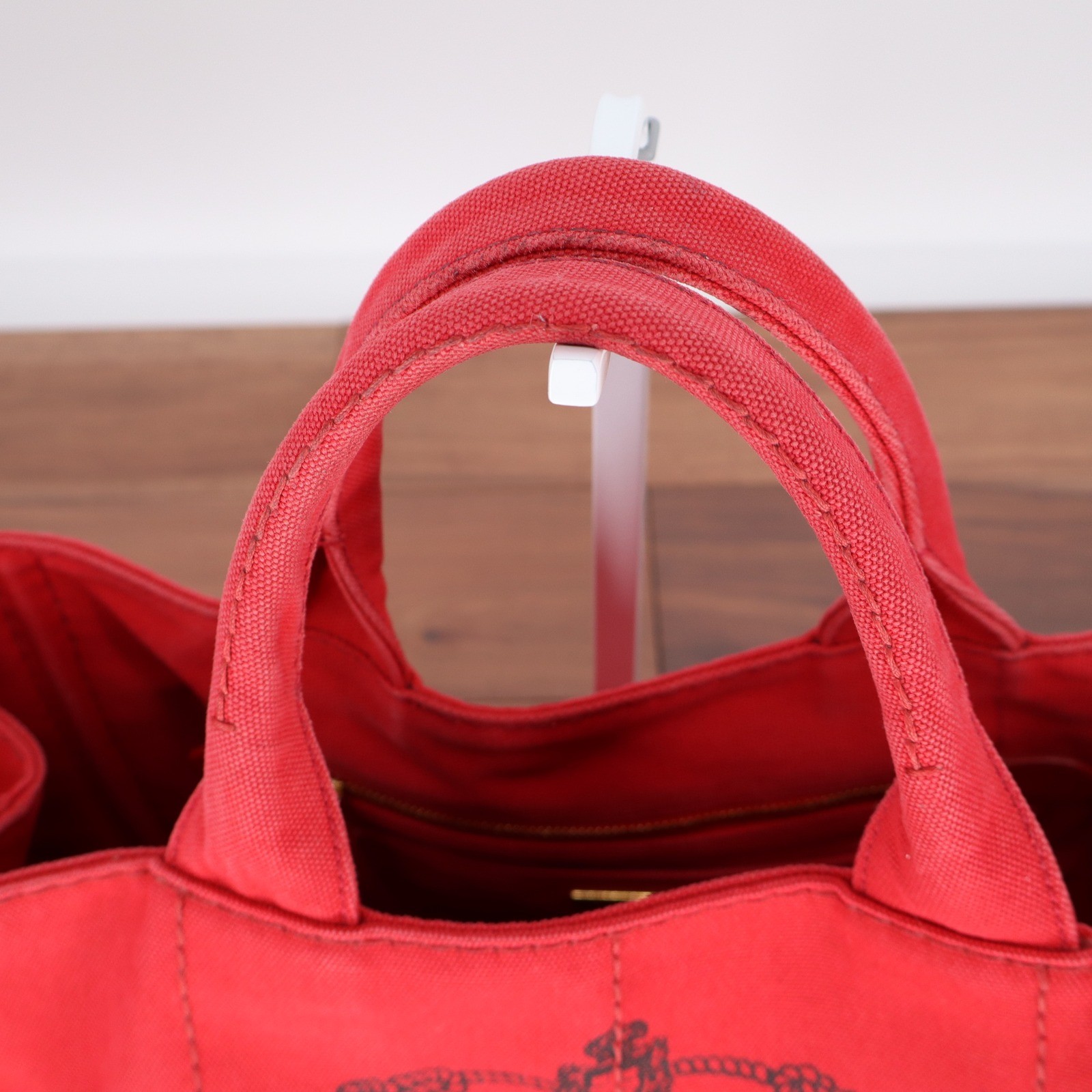 Prada Canapa Tote Bag Red Canvas Logo Handbag Rosso Gold Hardware