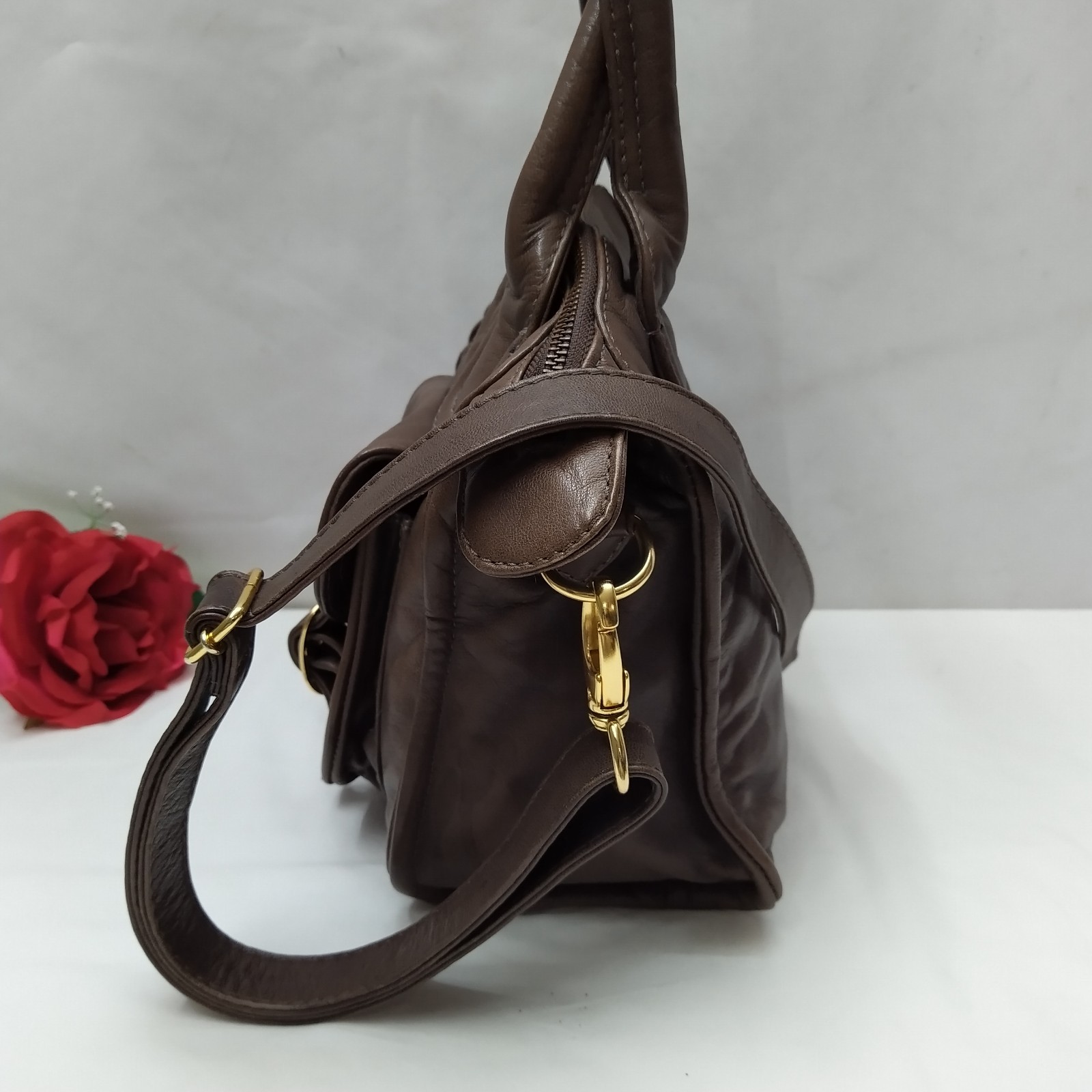 Bulga Brown Leather Buckle Pockets Double Handles Zipper Satchel Bag – $275
