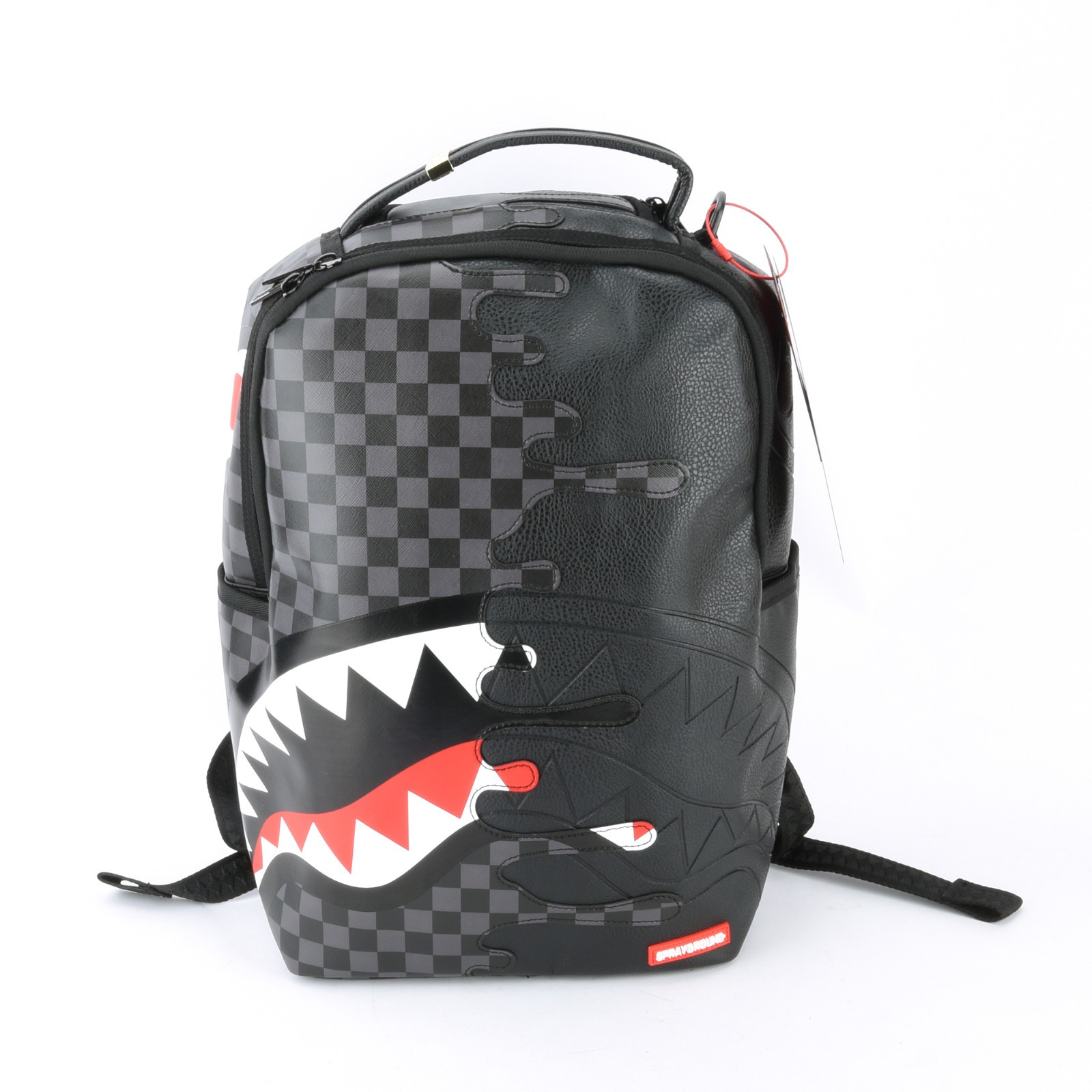 Sprayground Speed Shark Side Leather Bag Backpack Unisex Black Gray Plaid