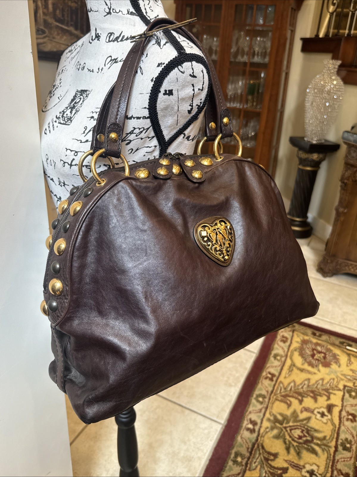 RARE GUCCI CALF LEATHER BABOUSKA DOME HEART SATCHEL STUDS BAG CHOCOLATE BROWN