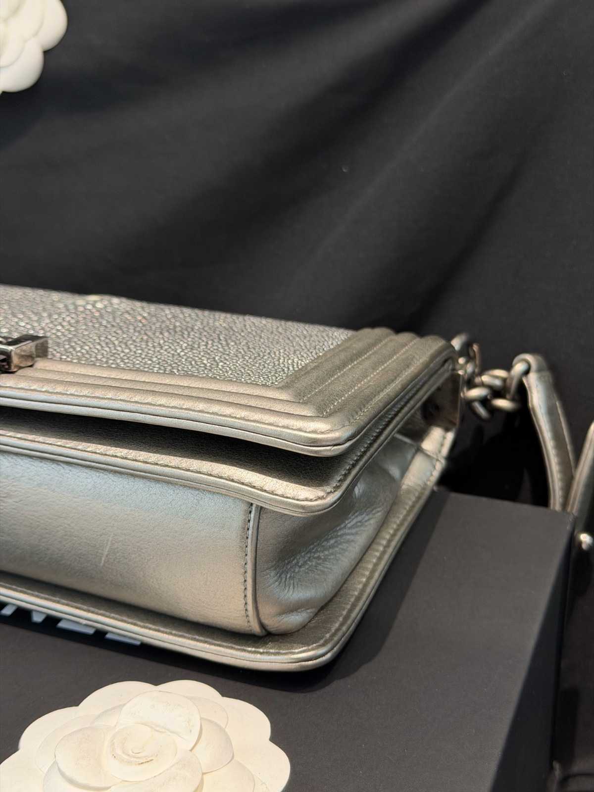 Authentic Chanel Le Boy Medium Stingray Leather Shoulder Bag Silver eBay AG