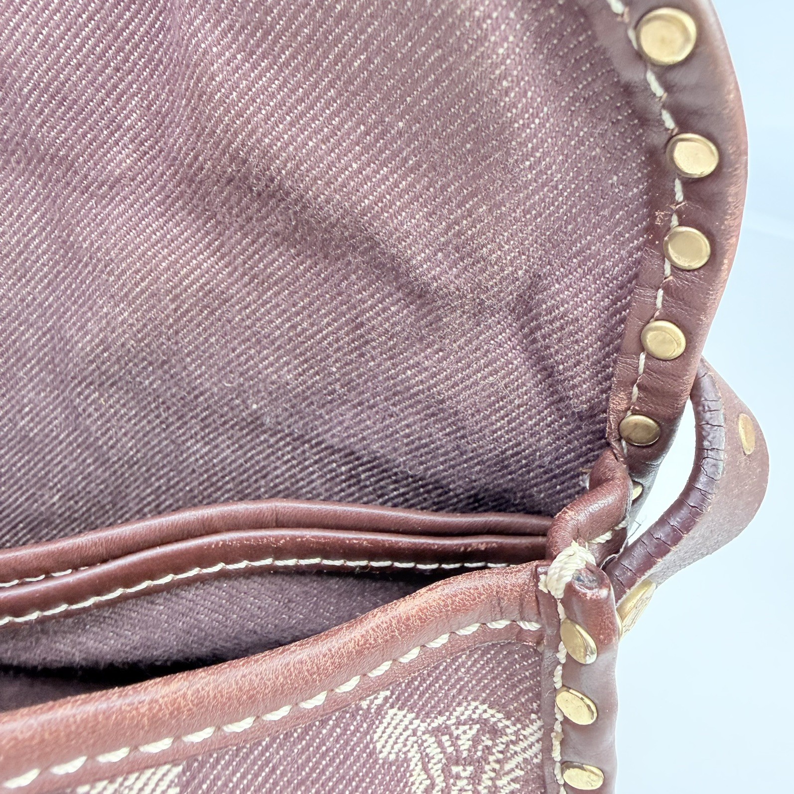 Celine Denim Triomphe Monogram Studded Poulbot Shoulder Bag in Burgundy Colour