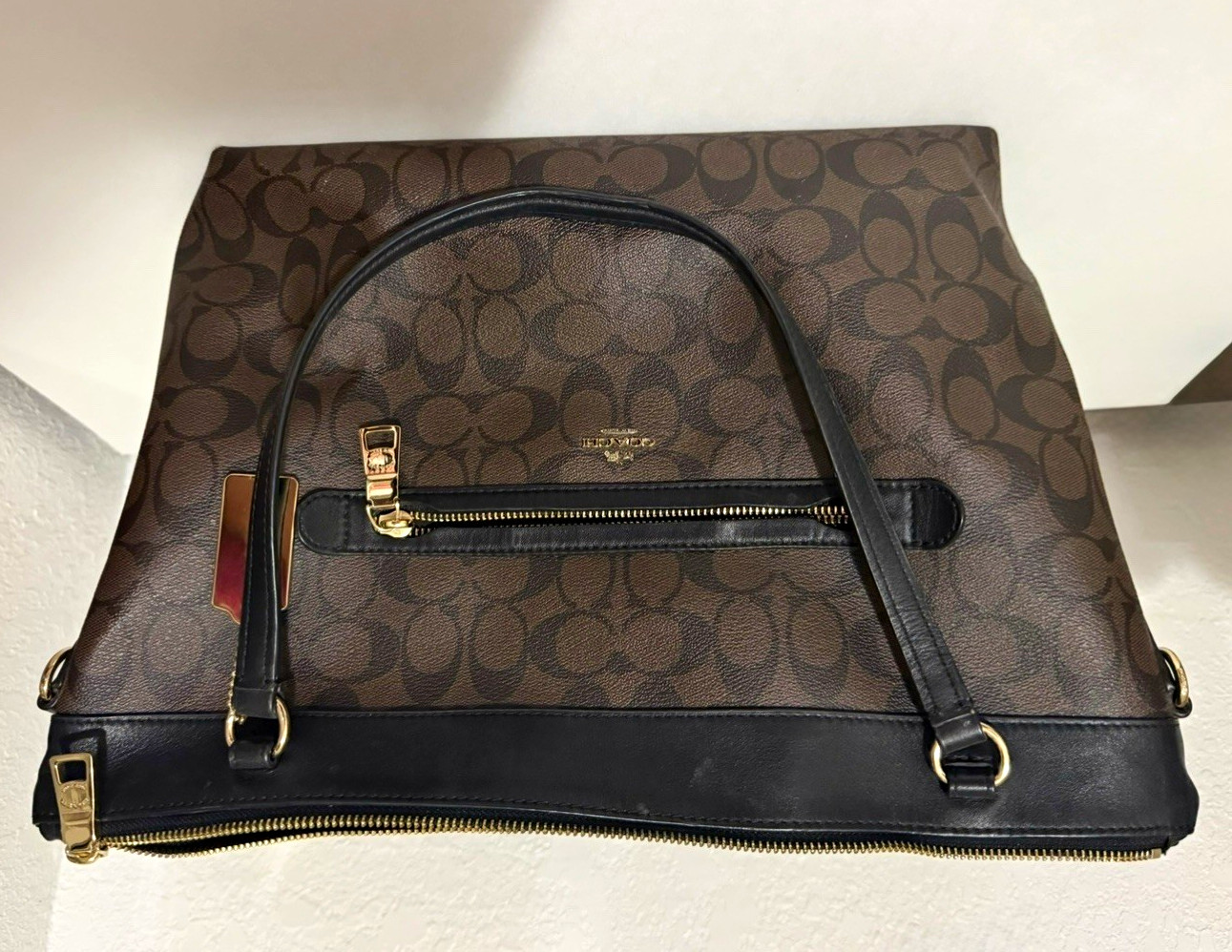 Coach Signature Brown/Black Medium Tote Top Zip Detachable Strap Gold HW
