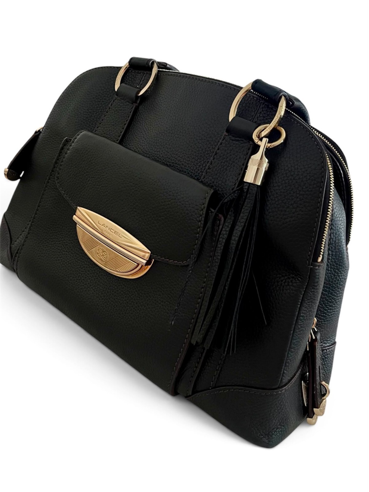 LANCEL Adjani GM Vintage Black Grained Leather Bag Gold Hardware Authentic VGC