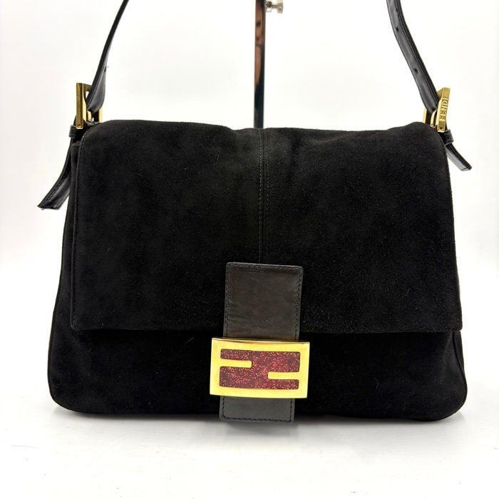 Auth FENDI Mamma Bucket Glitter FF Hardware Shoulder Bag Suede 26325 2Y9647