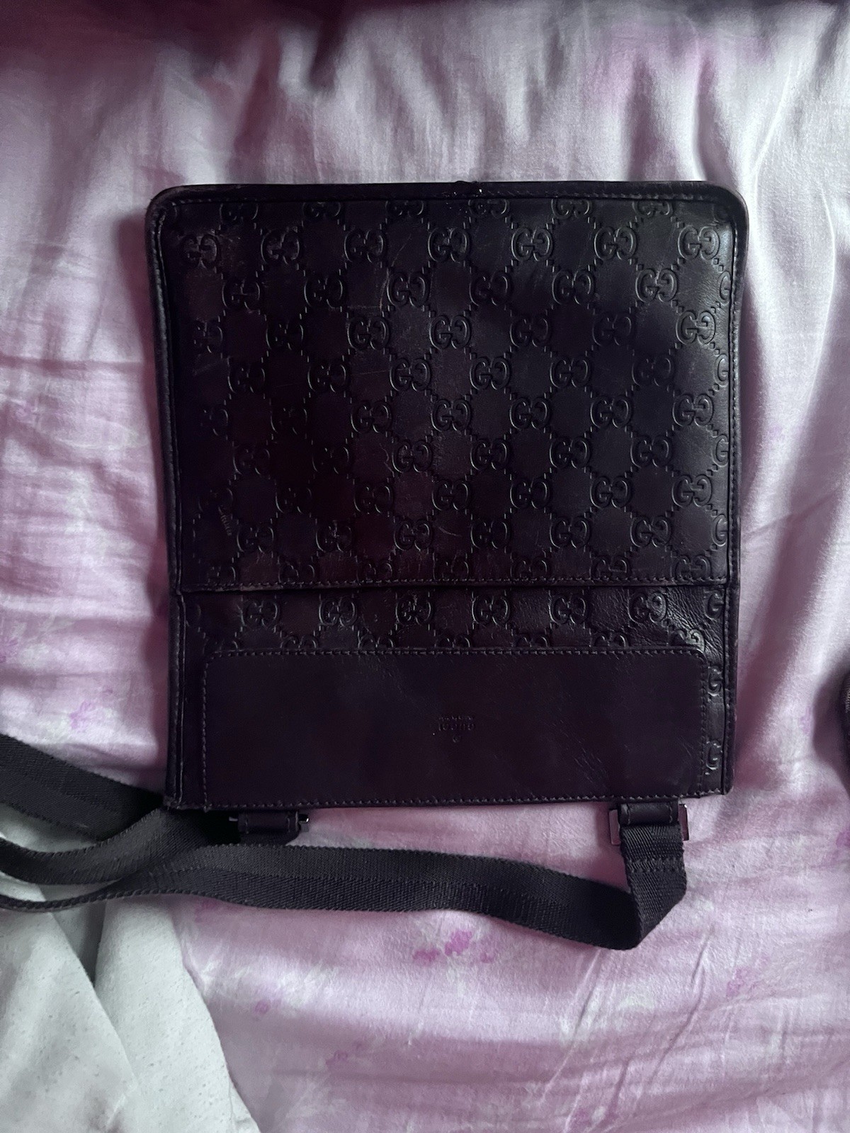 Gucci GG Embossed Black Crossbody Bag Logo Accents Unisex Adjustable Strap
