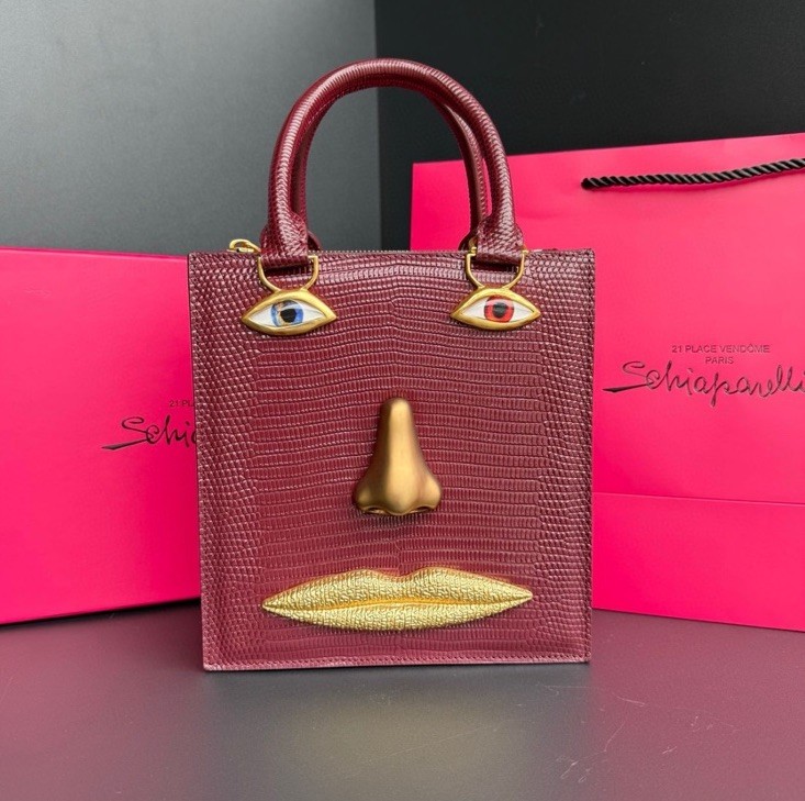 SCHIAPARELLI Style Large Brick Red/brown Lizard Inspired Leather Anatomy Bag.