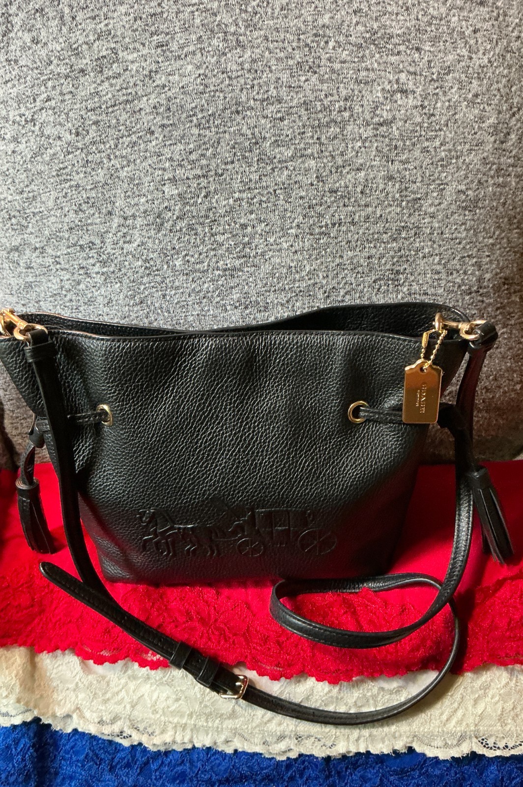Coach Andy Horse & Carriage Pebble Leather Drawstring Snap Crossbody