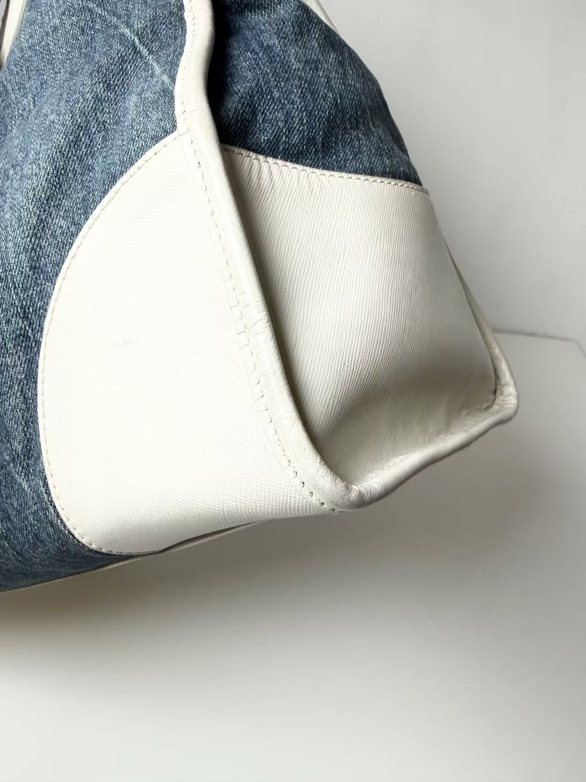 Authentic Prada Denim White Leather 2-Way Shoulder Tote Bag Italy