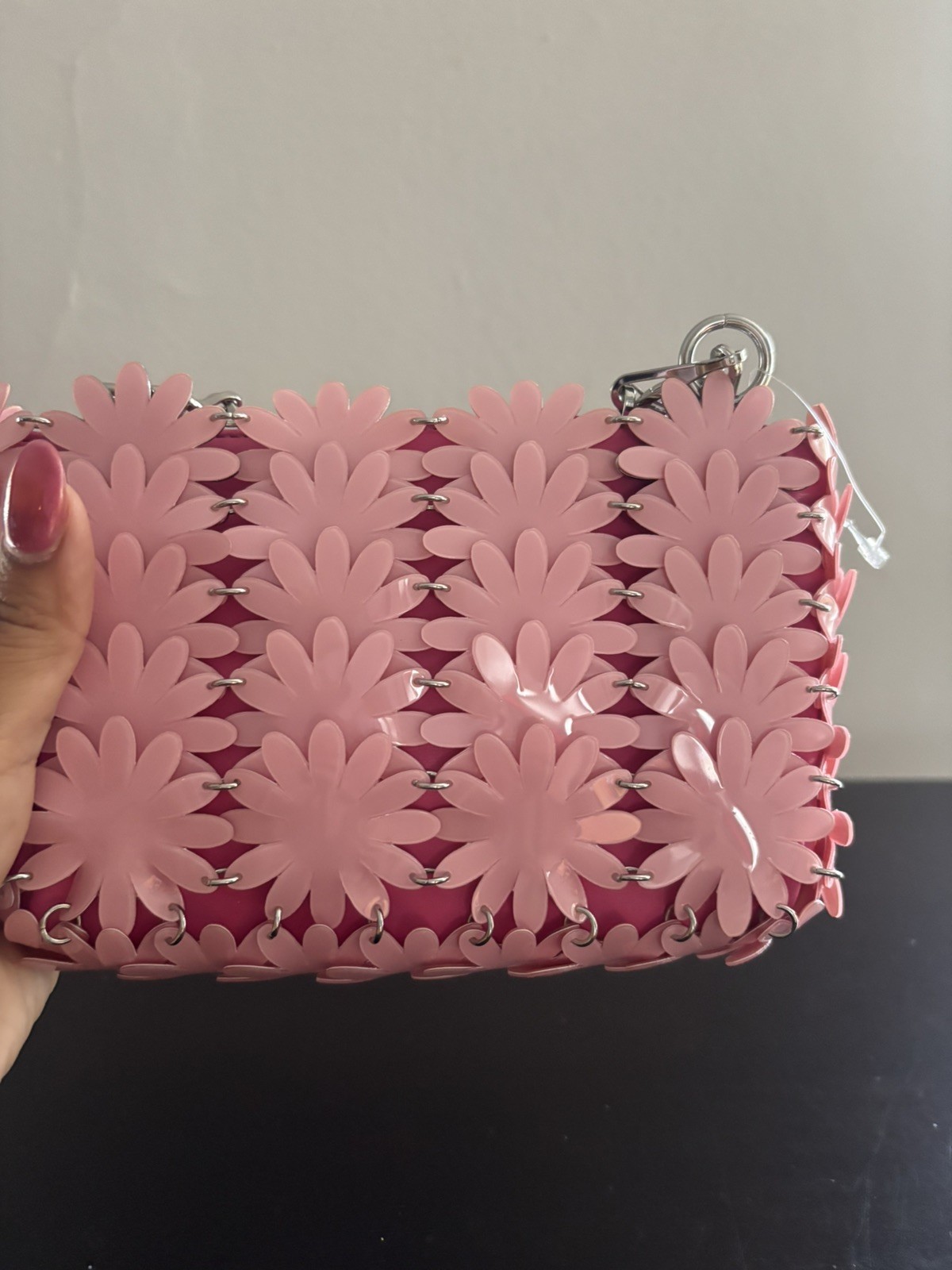 NWT Paco Rabanne vegan Leather small bag with Daisy Nano Pink flowers Authentic