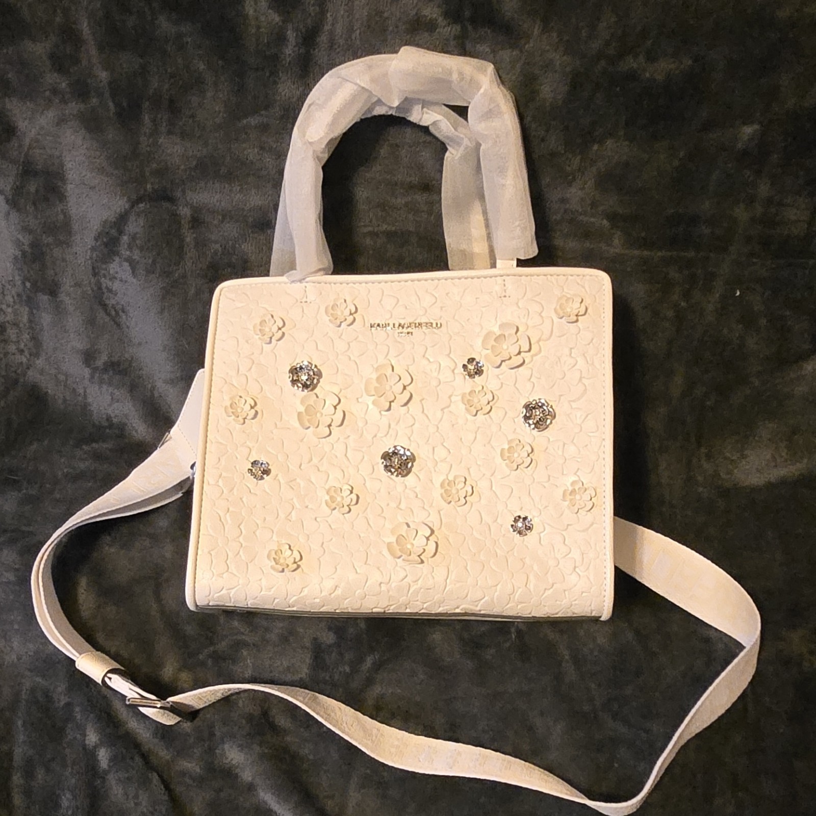 Karl Lagerfeld Maybelle Floral Embellished Satchel White Top Handle