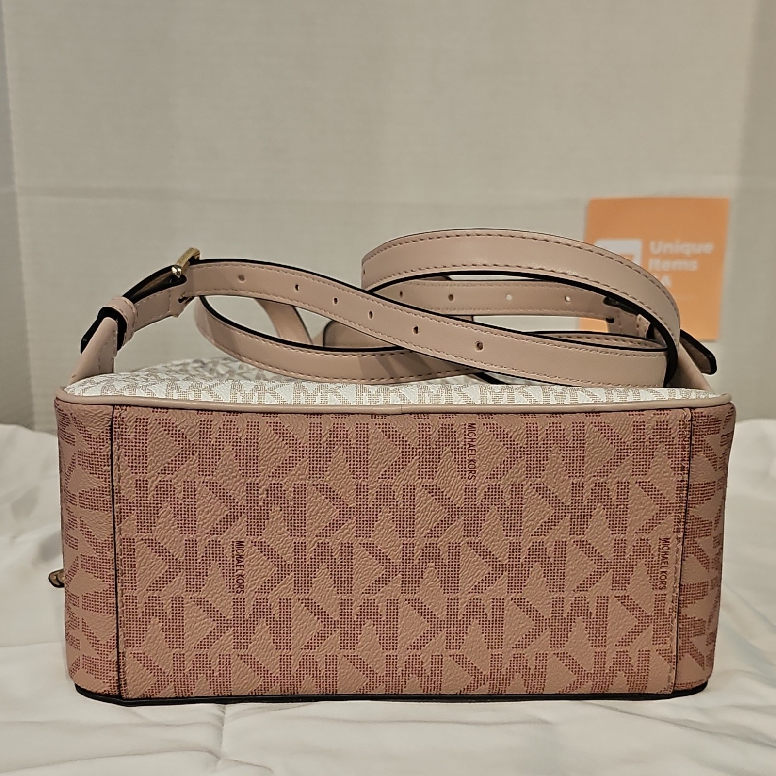 Michael Kors Beige Pink Logo Backpack Zip Gold Hardware Detach Strap Pockets