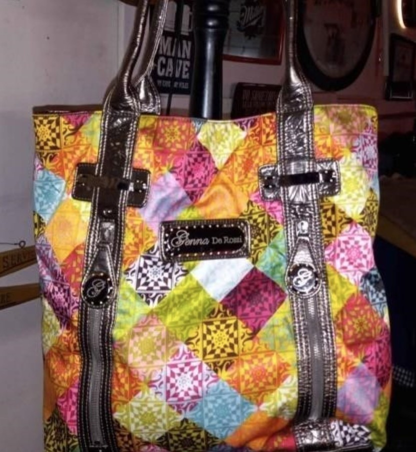 Donna De Rossi Patchwork Tote Purse Multicolor Shoulder Bag Metallic Bronze Hand
