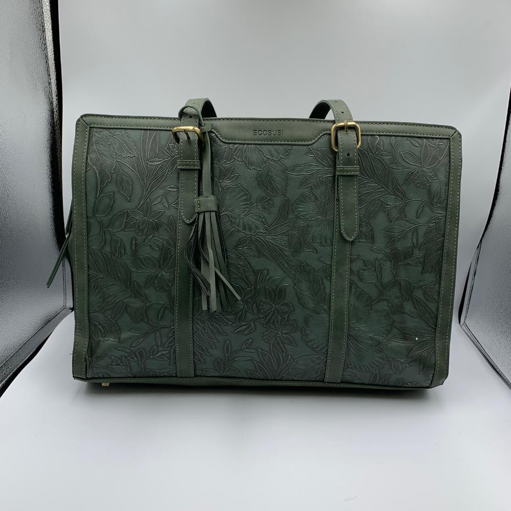 Ecosusi Handbag Womens Green Embossed Vegan Leather Two Compartment Tote Bag