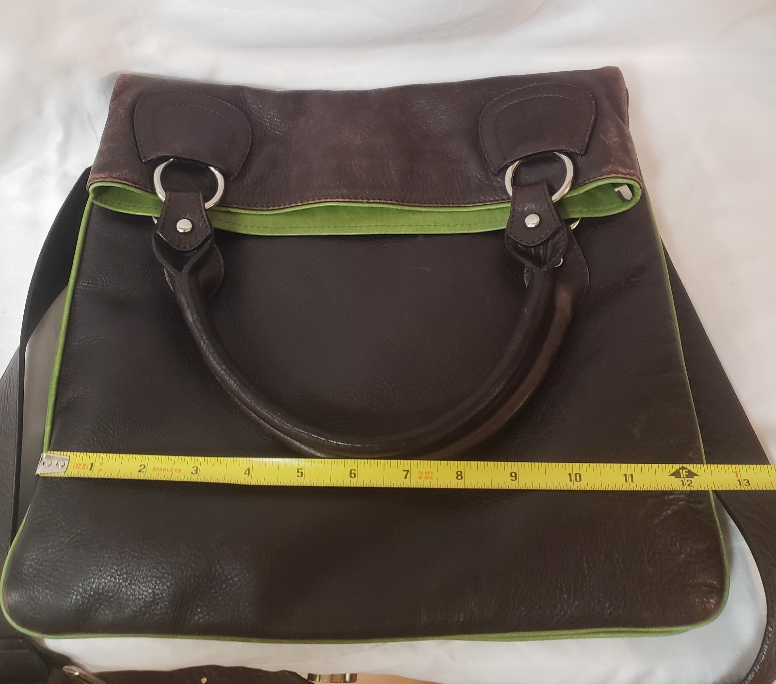 Puntotres Distressed Leather Brown Green Crossbody Messenger Bag- Spain EUC!