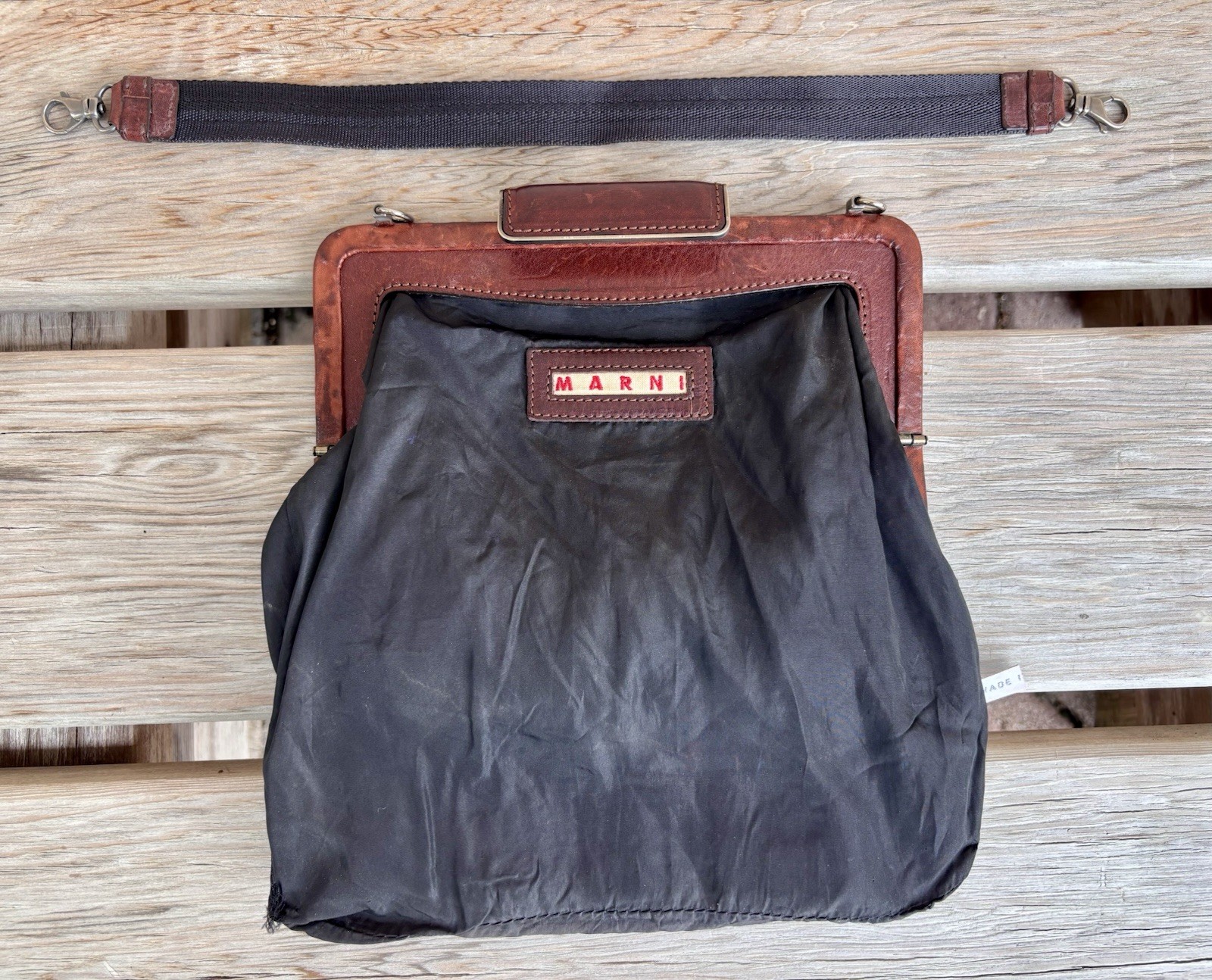 Marni Italy Black Silk Leather Frame Shoulder Bag Textured Artisan Handbag