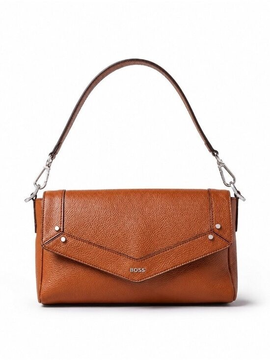 BOSS Hugo Boss Ivy Crossbody Bag Tan Cognac Grained Leather Envelope Flap Purse