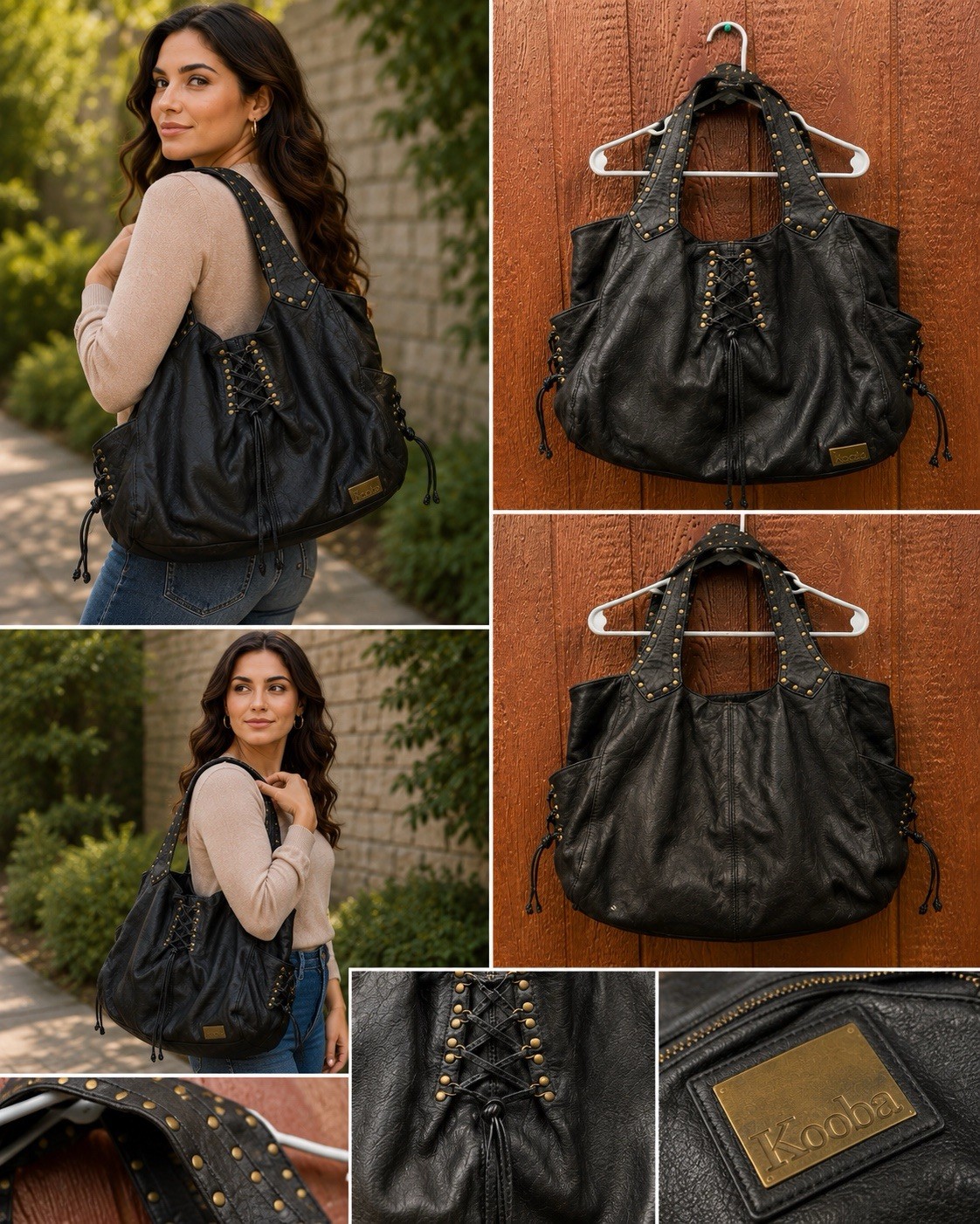 Kooba Black Leather Studded Lace-Up Handbag leather Y2K biker