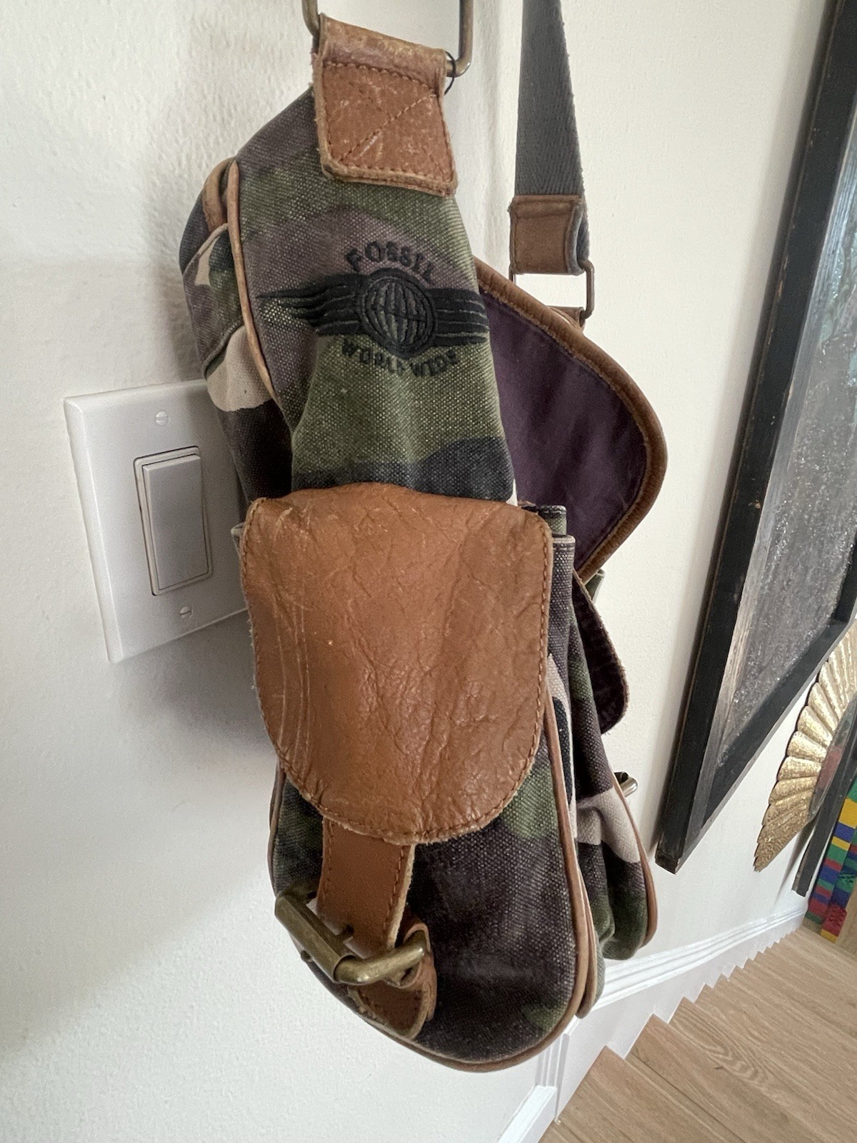 Fossil Leather Camouflage Messenger Bag Crossbody Made India Unisex About 15X15