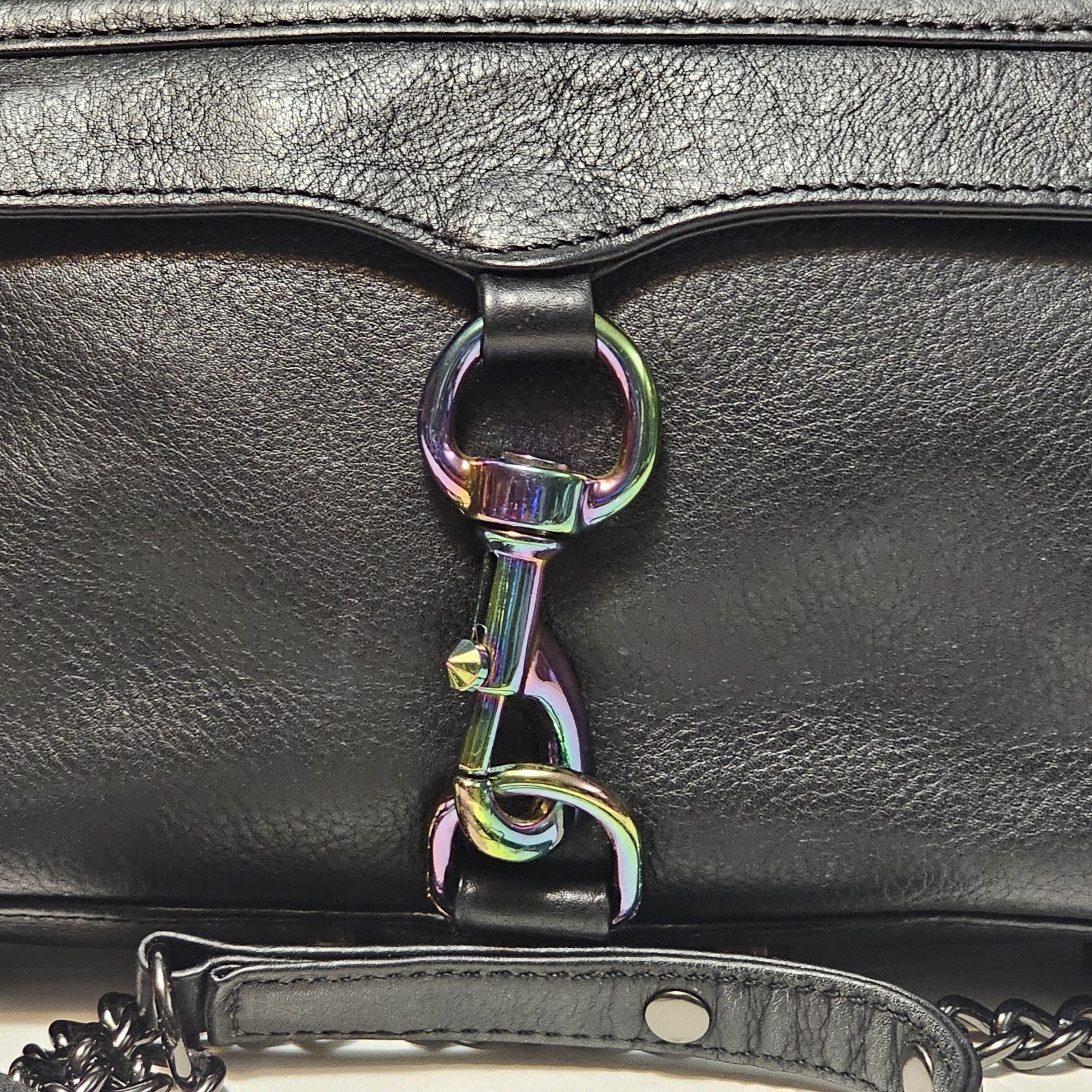 Rebecca Minkoff Mini MAC Crossbody Bag Black Leather Oil Slick Rainbow Hardware