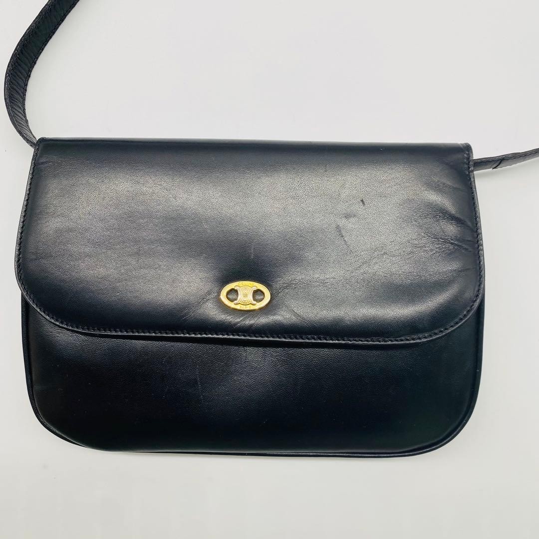 CELINE Triomphe Calfskin 2way Shoulder Crossbody Clutch Bag Black Gold Auth