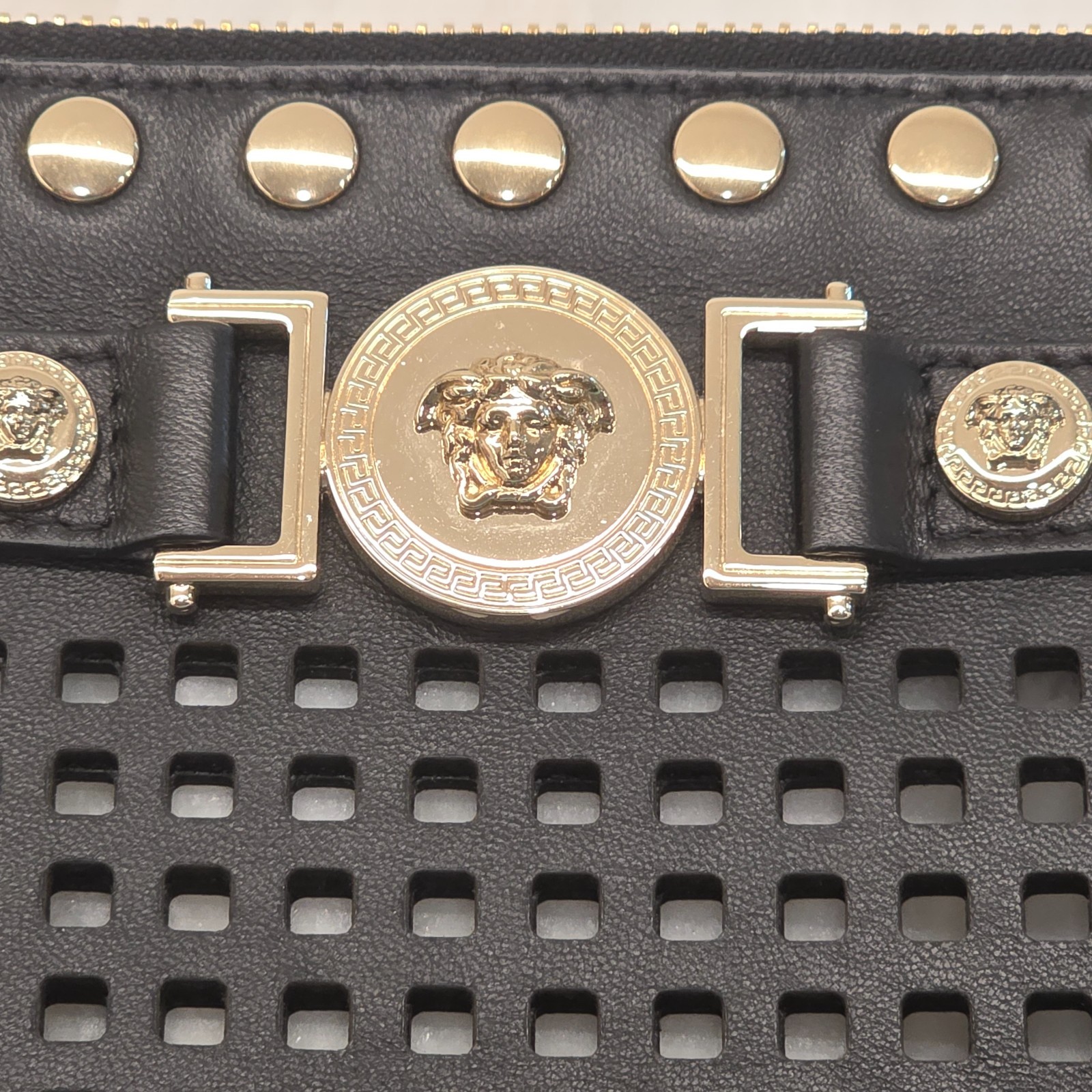 Versace Perforated Studded Black Calfskin Leather Wristlet Clutch – Gorgeous