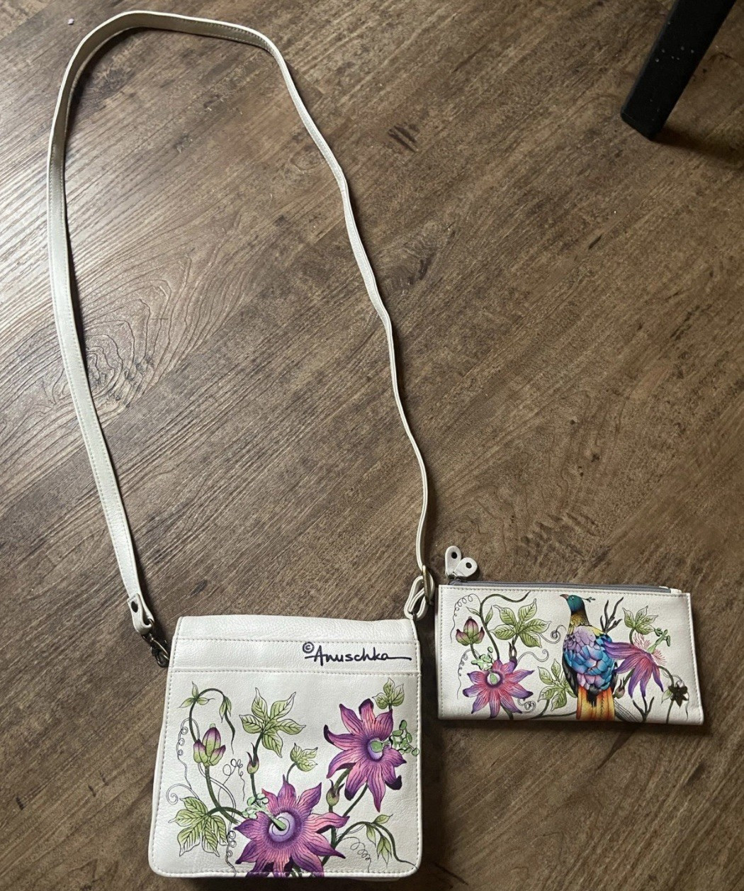 Anuschka Small Floral Bird White Crossbody Bag Detachable Strap + Zip Wallet