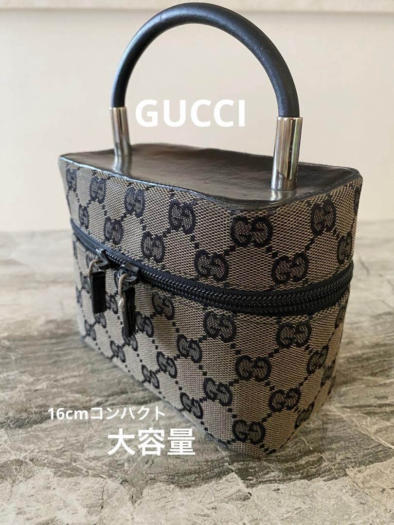 GUCCI 16 cm Compact Pouch Vanity Bag Mini GG Black Canvas Leather Vintage