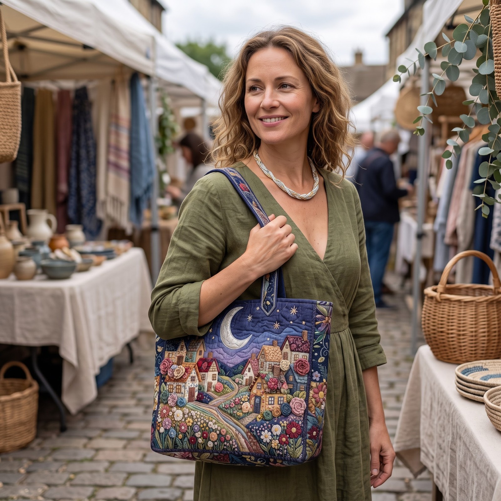 Starry Night Village Quilted Tote Bag Whimsical Moon Floral Patchwork Handbag