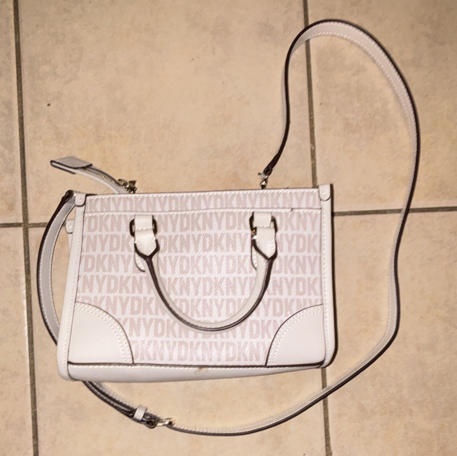 DKNY Logo Print White/Beige Small Satchel Top Handle Zip Adj Crossbody Gold