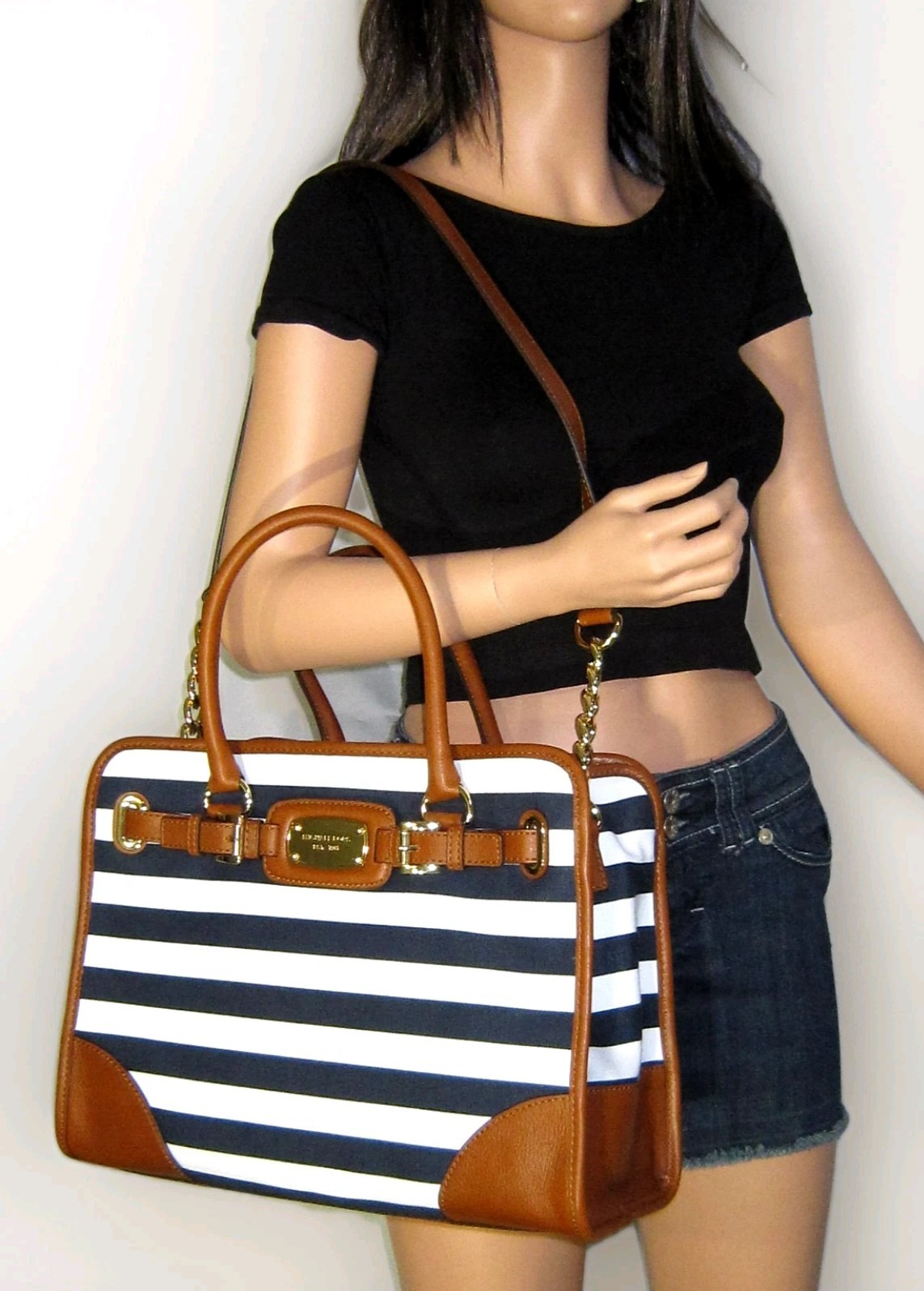 🌞MICHAEL KORS HAMILTON LARGE NAVY BLUE WHITE STRIPE BROWN LEATHER TOTE BAG🌺NWT