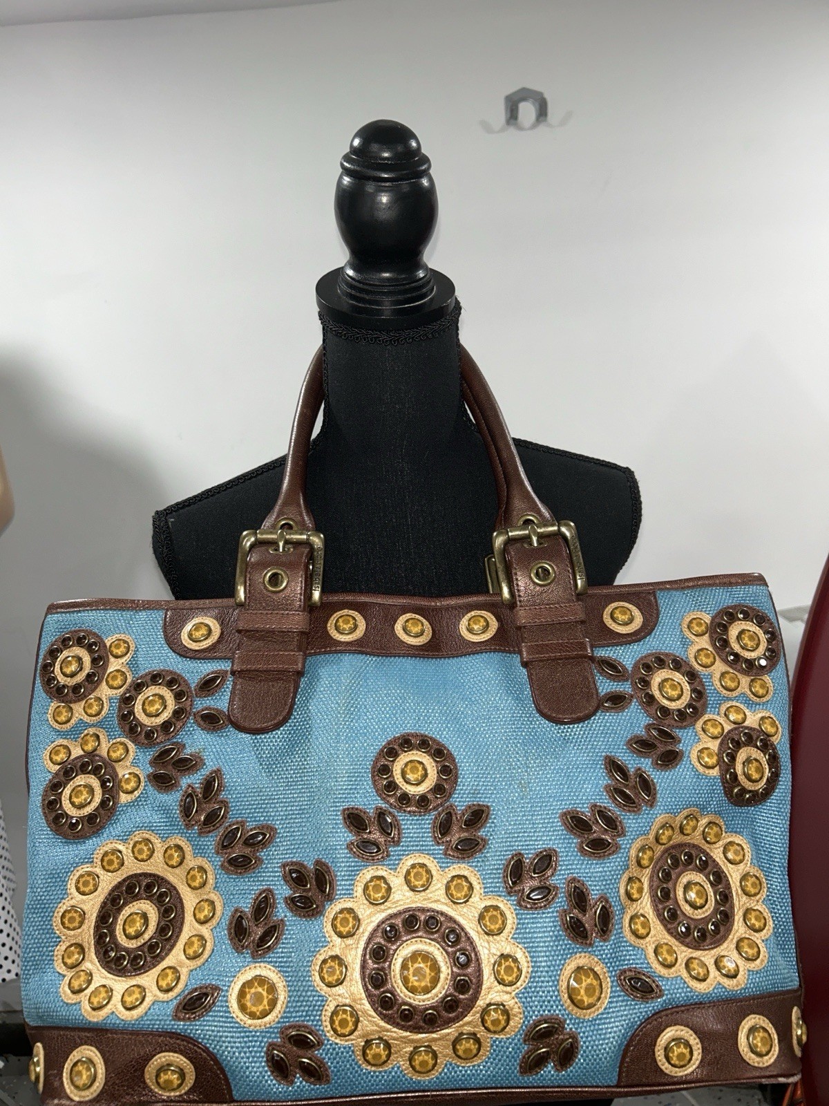 Isabella Fiore Large Teal And Brown Jeweled Tote.