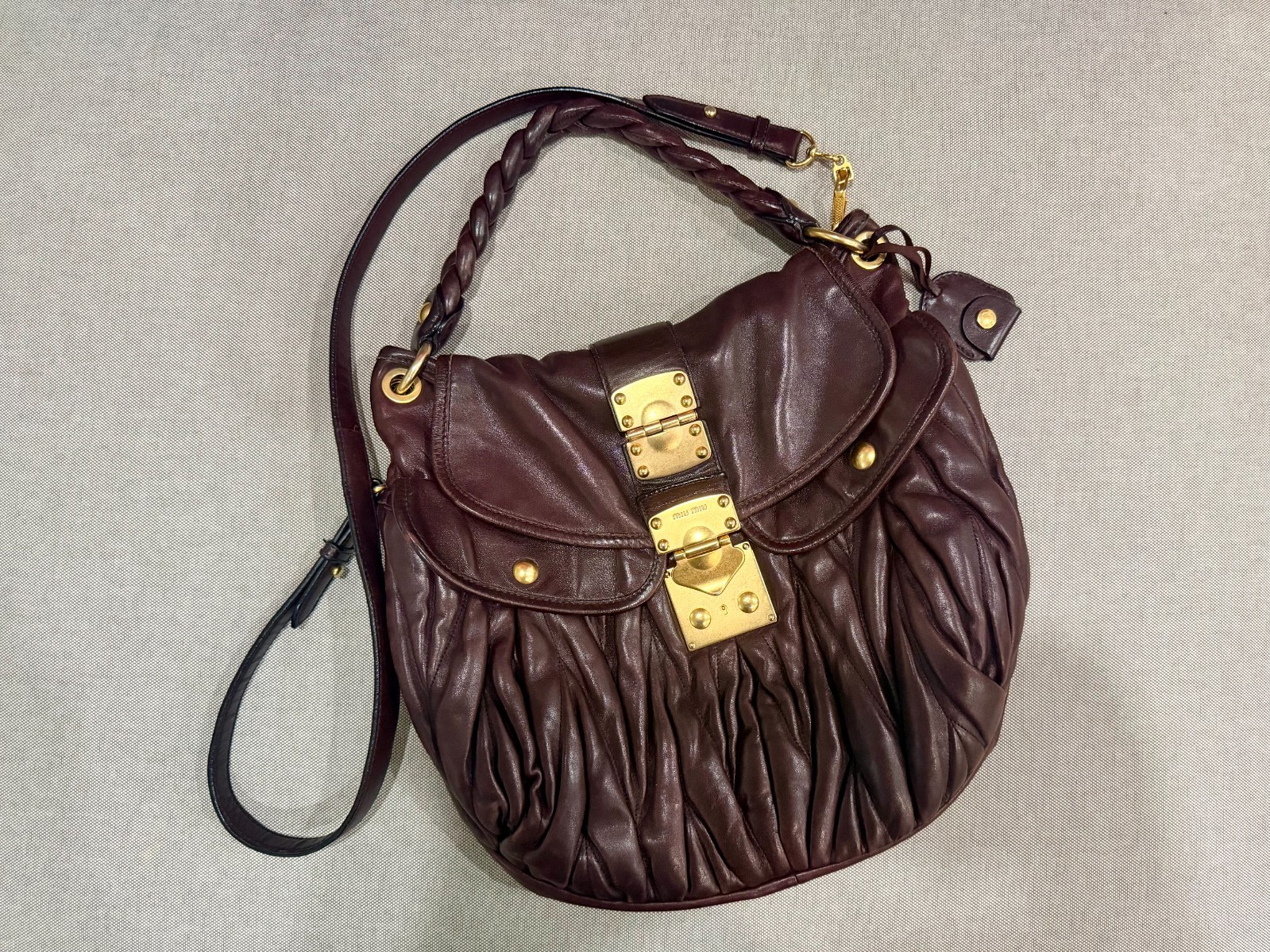Miu Miu Brown Matelasse Shoulder Bag Top Handle Gold Hardware Push Lock Medium