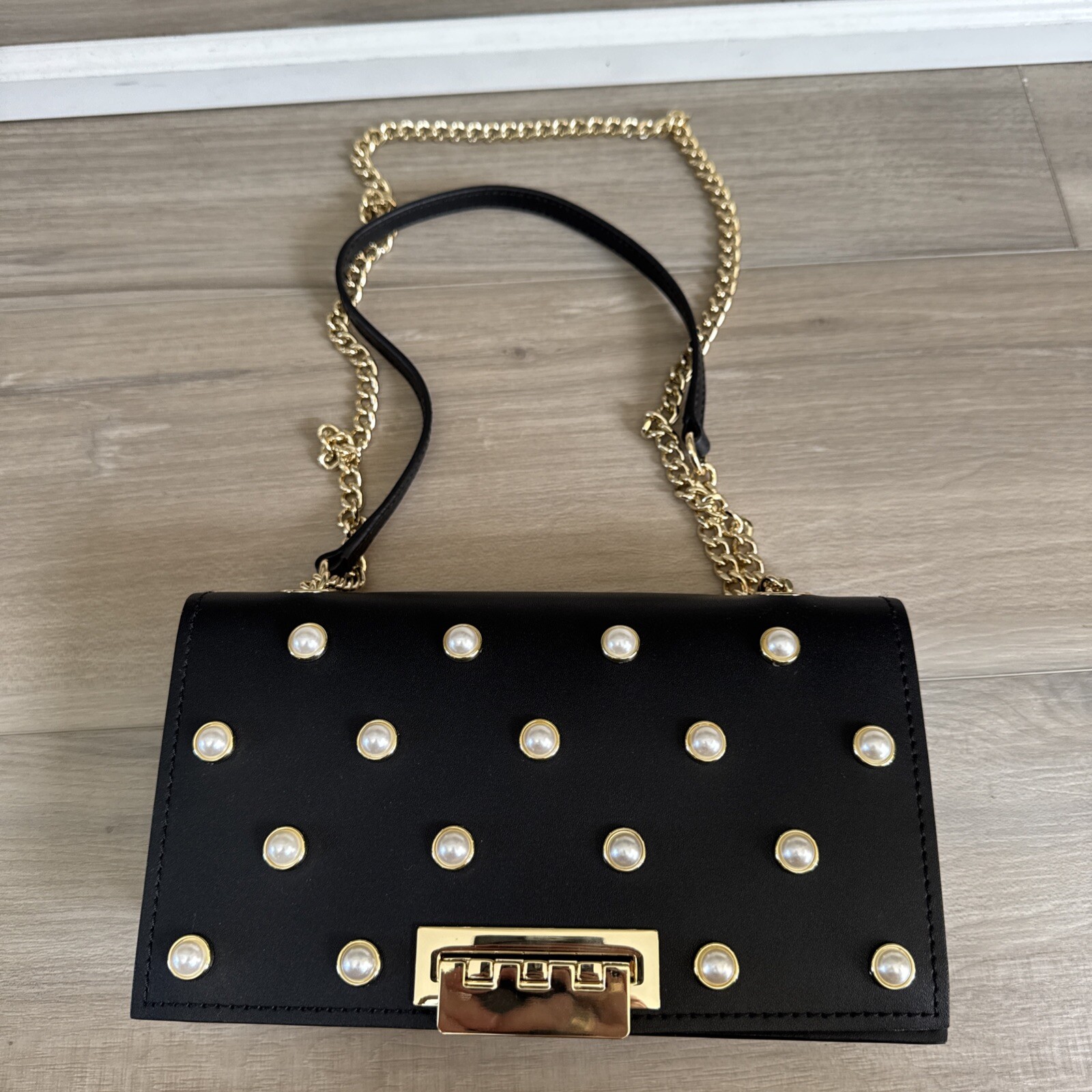 Zac Posen Earthette Pearl Lady Mini Chain Leather Purse Bag NEW Black & Gold