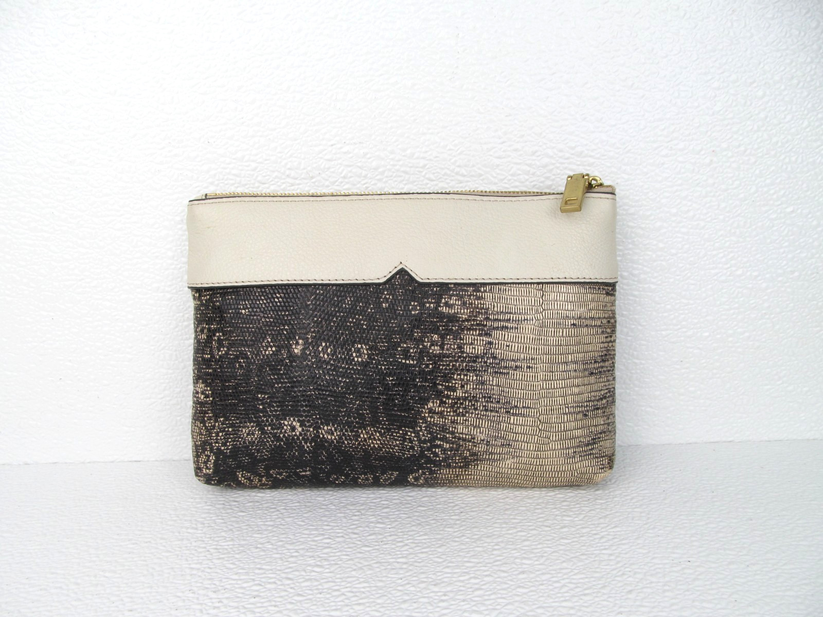J Crew Clutch Purse Ivory Leather Lizard Print Top Zip