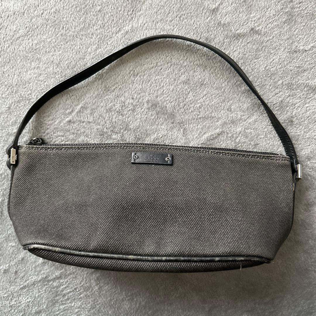 GUCCI Black Denim Canvas Handbag Pouch 28×11.5cm Silver Hardware Authentic