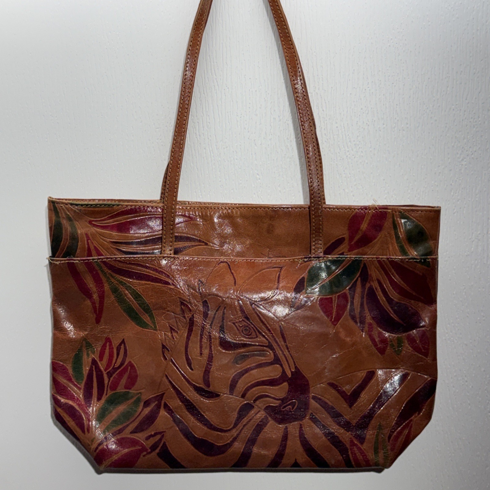 RARE Vintage Leather Purse Bag Tote Reddish Brown Mahogany Zebra Art Design Boho