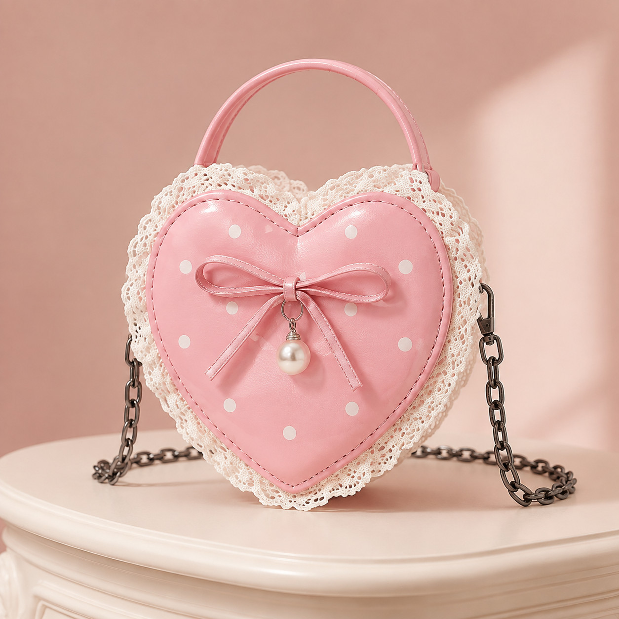 Heart Shaped Crossbody Bag Lace Bow Polka Dot Y2K Coquette Women’s Purse