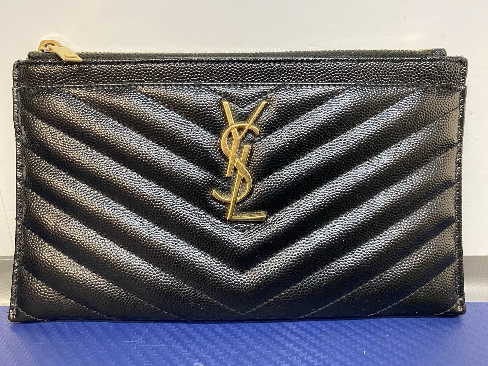 Saint Laurent Monogram YSL Wristlet Pouch Matelasse Black Leather Bag