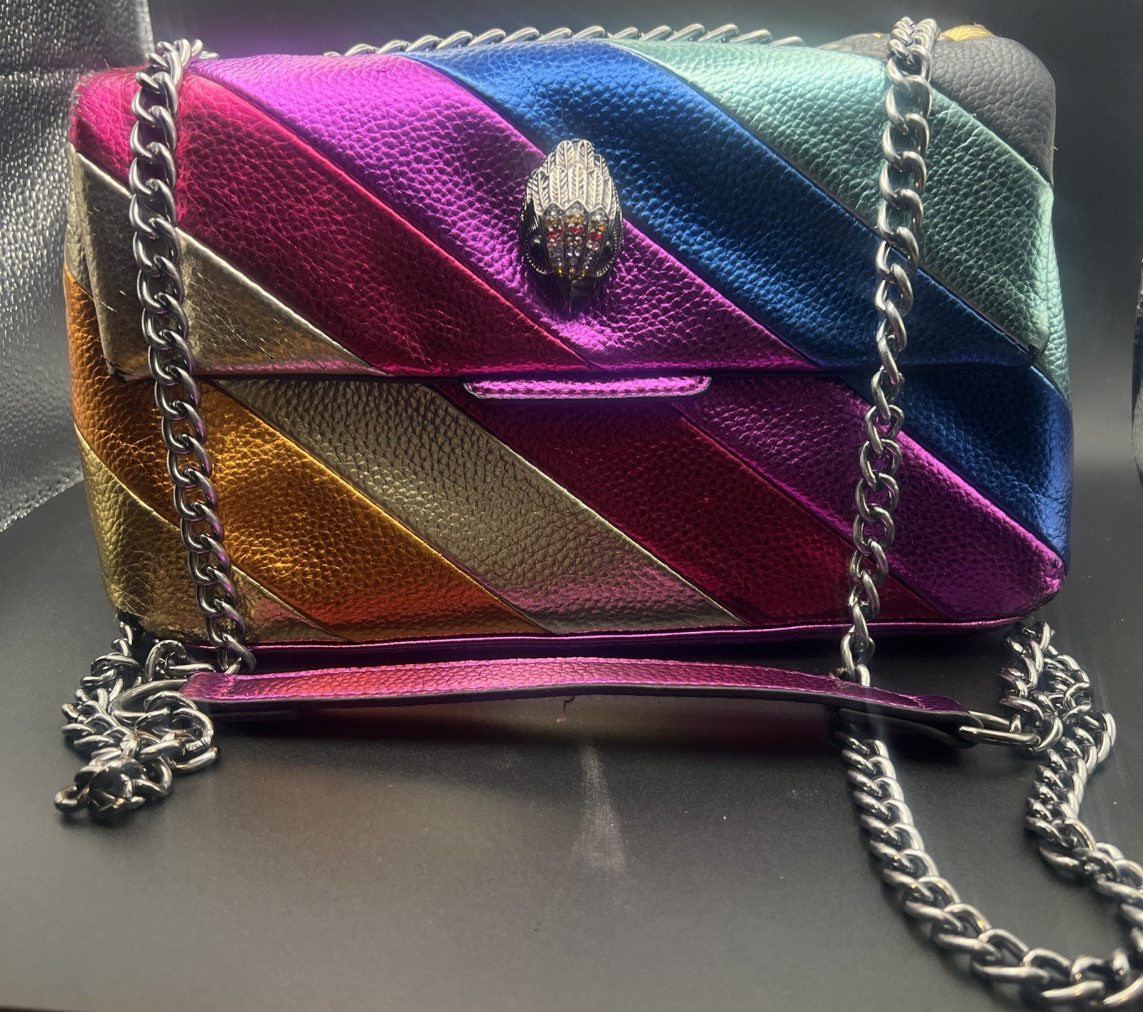 Kurt Geiger Rainbow Metallic Striped Shoulder Bag with Chain Strap Kensington