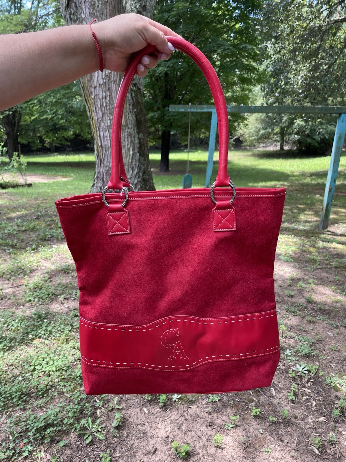Signature Club A Red Faux Suede Tote Bag Handbag NWOT