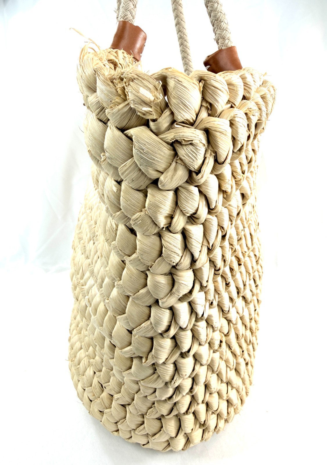 Lands End Woven Raffia Beach Shopper Summer Large Straw Tote Bag Leather Accents