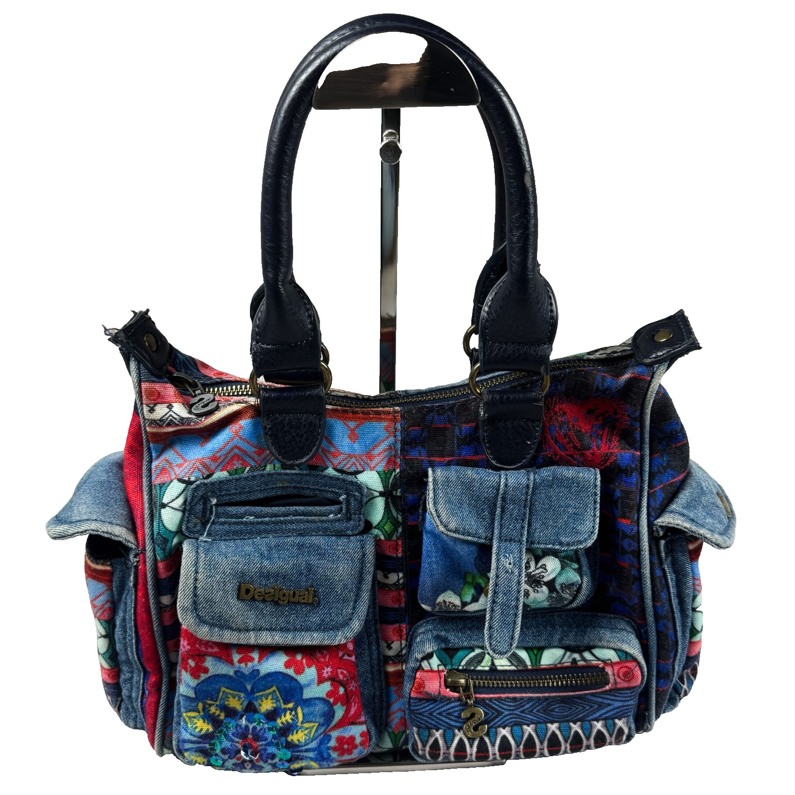 VTG Desigual Y2K Patchwork Denim Floral Multi Pocket Handbag Colorful Boho Bag
