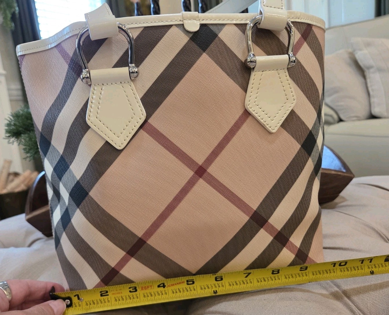 Burberry Supernova Check Open Top Tote Bag Coated Canvas Purse Leather Trim