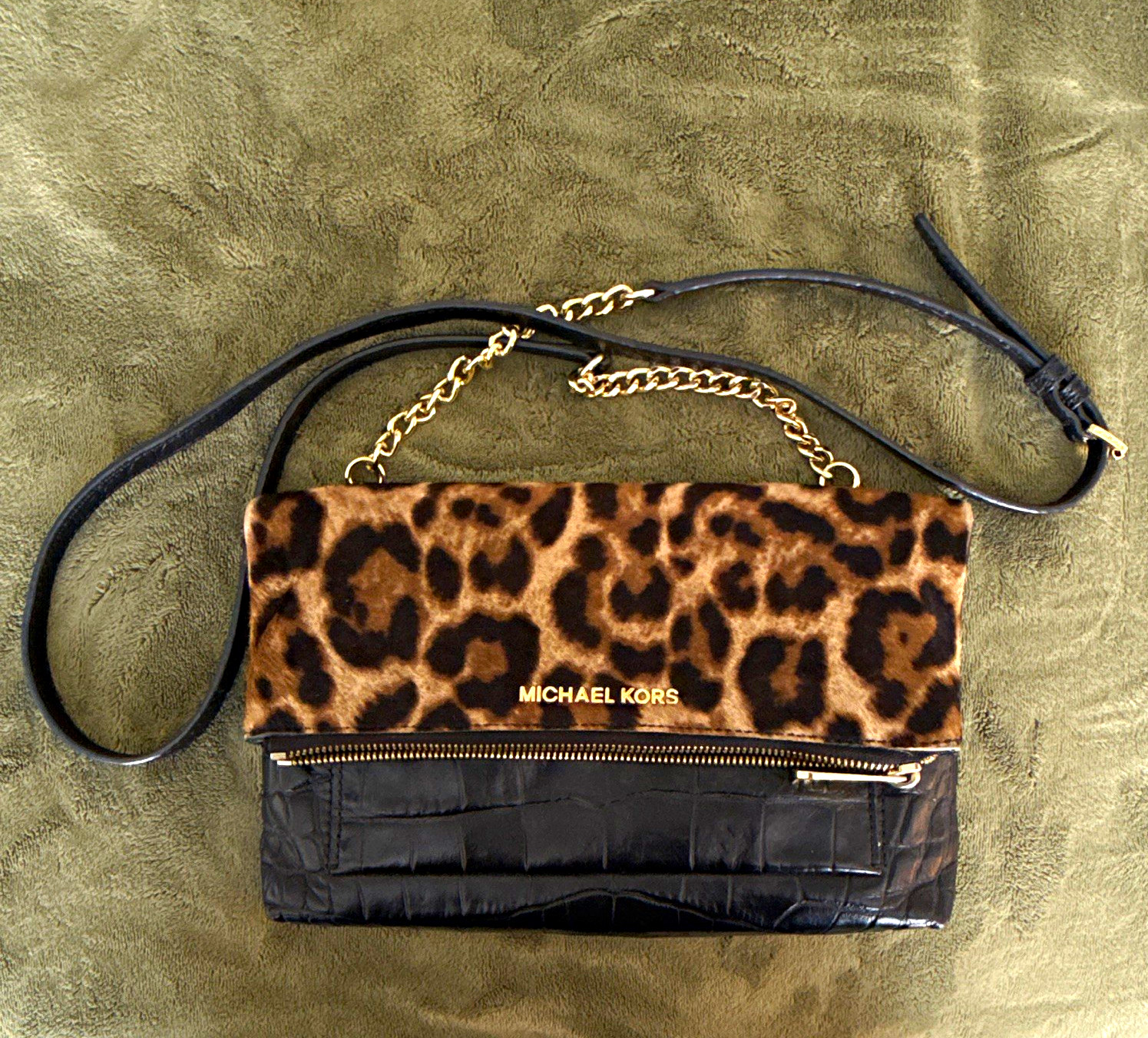 Michael Kors Leopard Print Croc-Embossed Small Crossbody, Chain Strap Zip